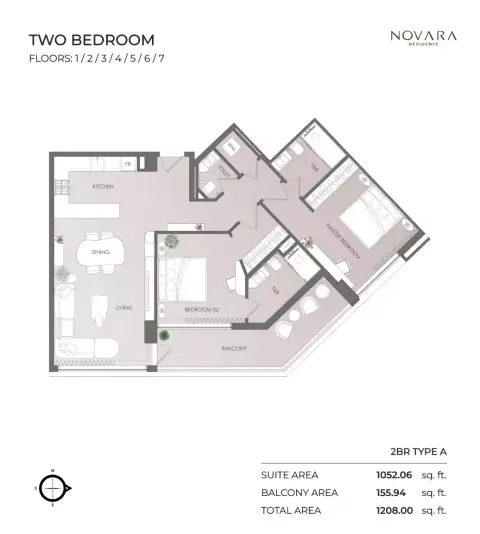 Novara Residence: Планировка Type A, 1,208 sq ft