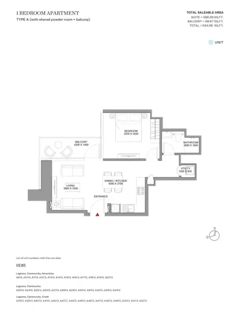Sobha Skyscape Altius: Floor plan Type A, 634 sq ft