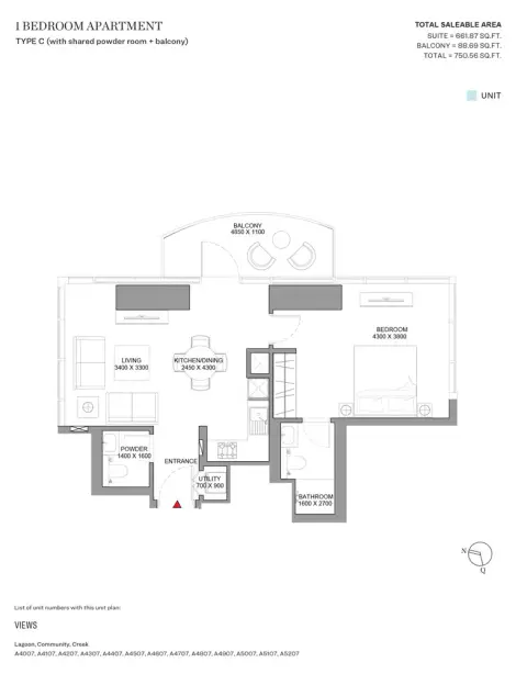 Sobha Skyscape Altius: Floor plan Type C, 750 sq ft
