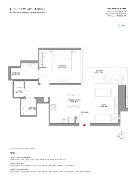 Sobha Skyscape Altius: Floor plan Type E, 676 sq ft