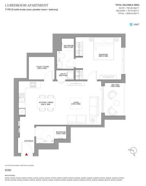 Sobha Skyscape Altius: Floor plan Type B, 858 sq ft