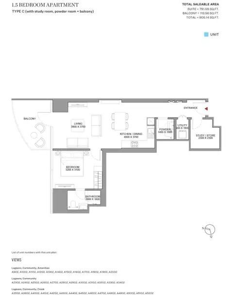 Sobha Skyscape Altius: Floor plan Type C, 905 sq ft