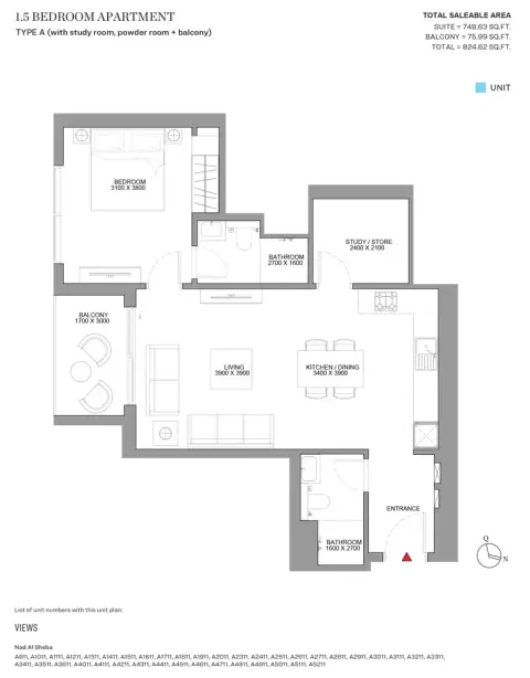 Sobha Skyscape Altius: Floor plan Type A, 824 sq ft