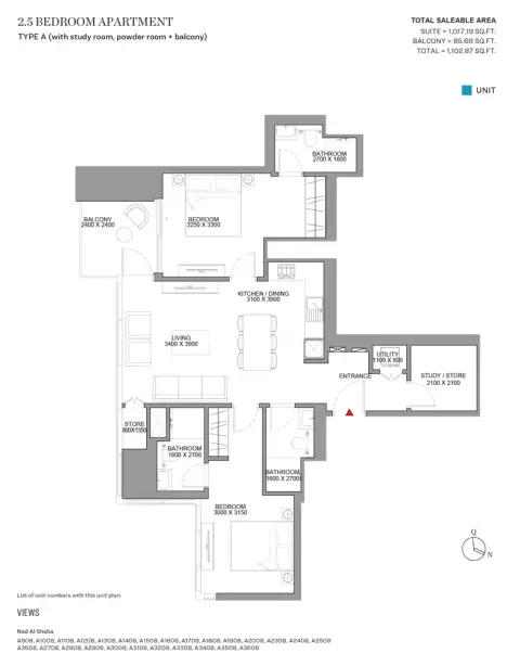 Sobha Skyscape Altius: Floor plan Type A, 1,102 sq ft