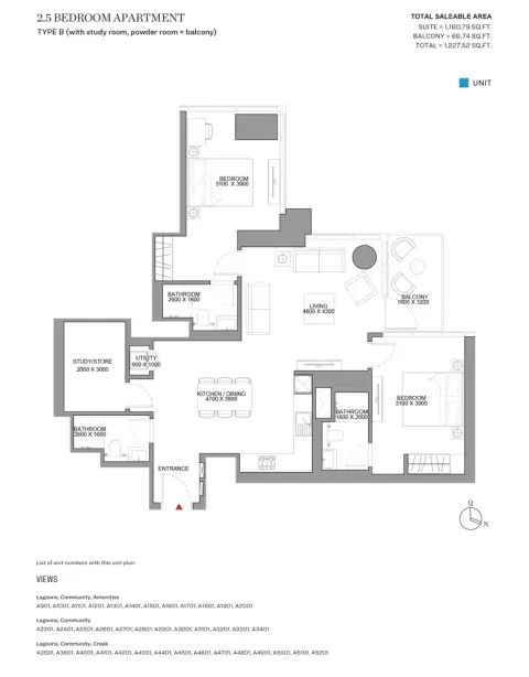 Sobha Skyscape Altius: Floor plan Type B, 1,227 sq ft