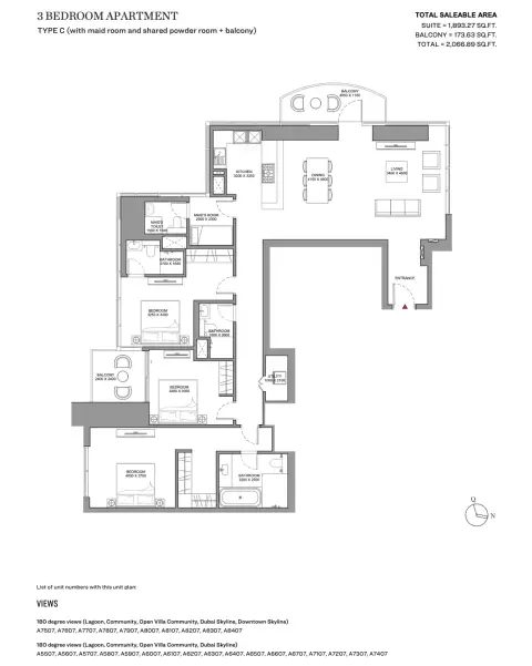 Sobha Skyscape Altius: Floor plan Type C, 2,066 sq ft