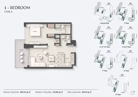 Ellington Sands: Floor plan Type 1, 816 sq ft