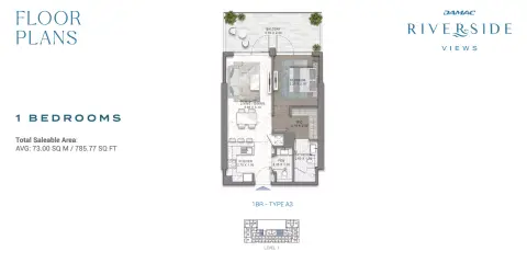 داماك ريفرسايد فيوز: مخطط الطابق Type 1, 785 sq ft