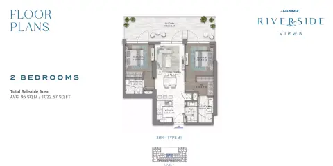 داماك ريفرسايد فيوز: مخطط الطابق Type 1, 1,022 sq ft