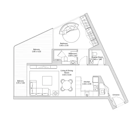 Eleve: Floor plan Type B, 886 sq ft