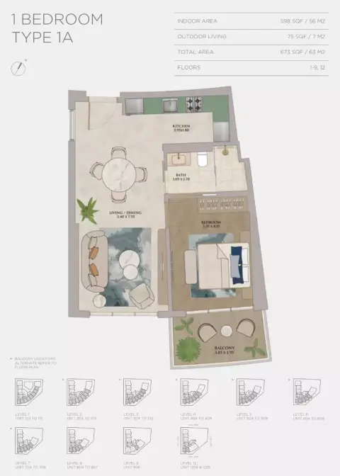 JW Marriott Residences: Floor plan Type 1A, 673 sq ft