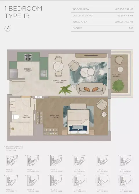 JW Marriott Residences: Floor plan Type 1B, 669 sq ft