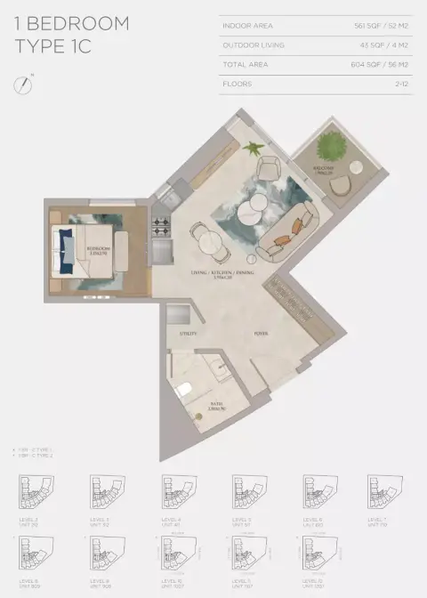 JW Marriott Residences: Floor plan Type 1C, 604 sq ft