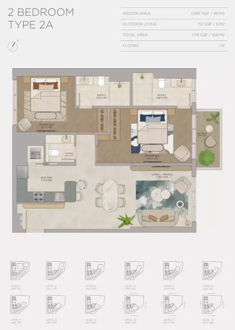 JW Marriott Residences: Floor plan Type 2A, 1,118 sq ft