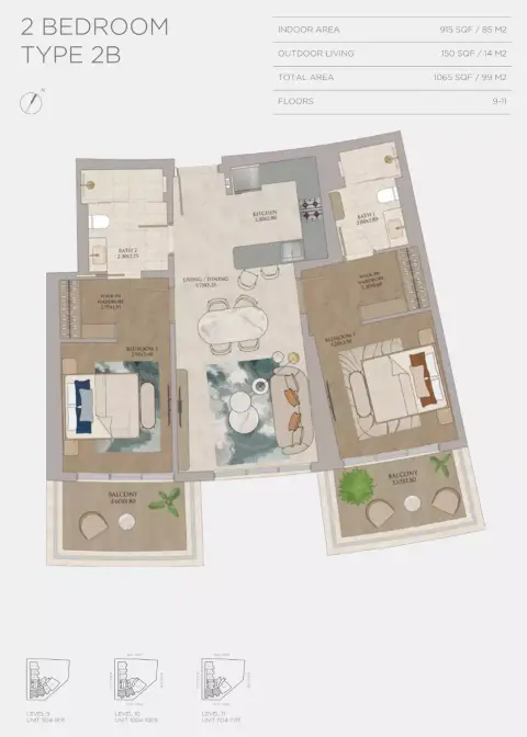 JW Marriott Residences: Floor plan Type 2B, 1,065 sq ft