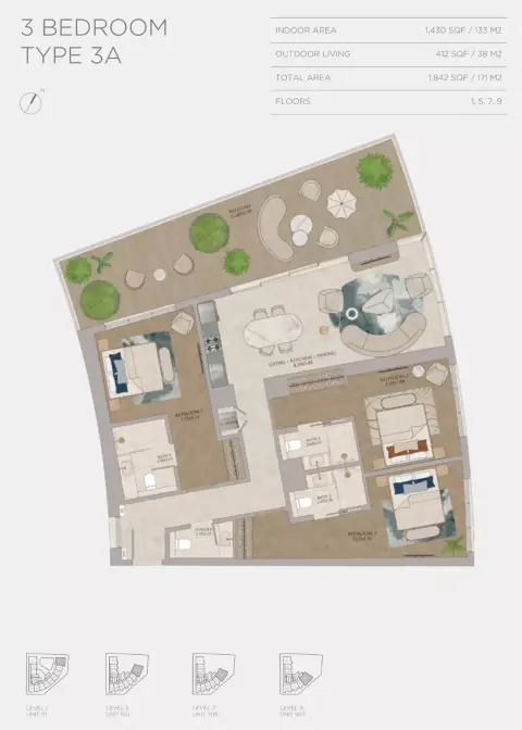 JW Marriott Residences: Floor plan Type 3A, 1,842 sq ft