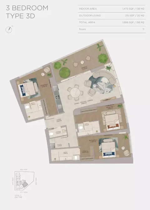 JW Marriott Residences: Floor plan Type 3D, 1,688 sq ft