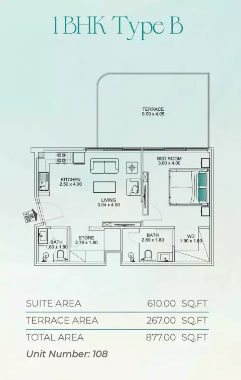 Floarea Breeze: Планировка Type B, 877 sq ft