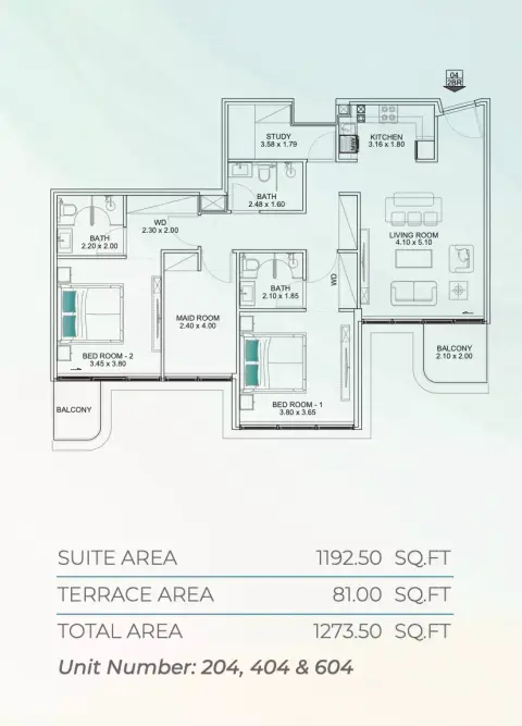 Floarea Breeze: Планировка Type A1, 1,273 sq ft