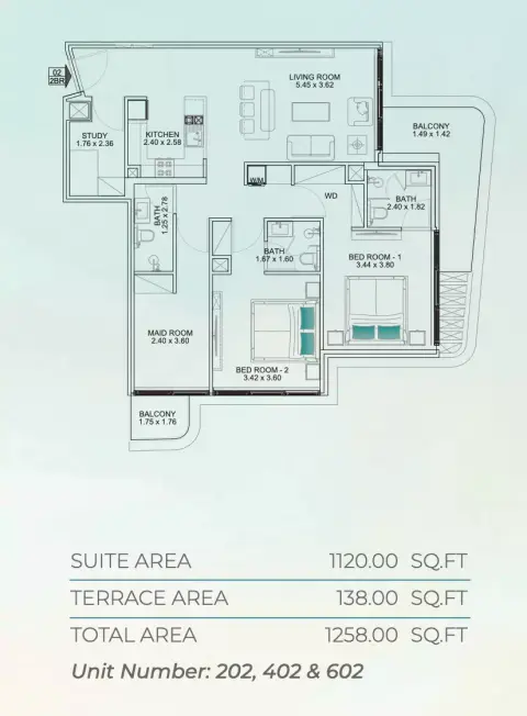 Floarea Breeze: Планировка Type C1, 1,258 sq ft