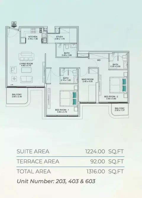 Floarea Breeze: Планировка Type A1, 1,316 sq ft