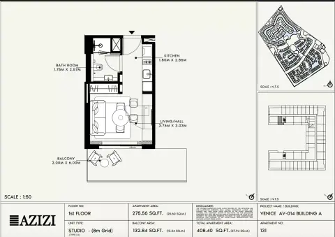 Azizi Venice 14: Floor plan Type 131-Building A, 408 sq ft