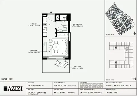 Azizi Venice 14: Floor plan Type 102-Building A, 364 sq ft