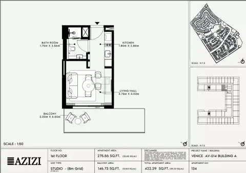 Azizi Venice 14: Floor plan Type 134-Building A, 422 sq ft