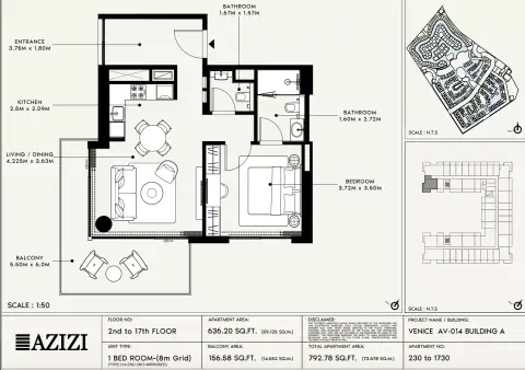 Azizi Venice 14: Floor plan Type 230-Building A, 792 sq ft