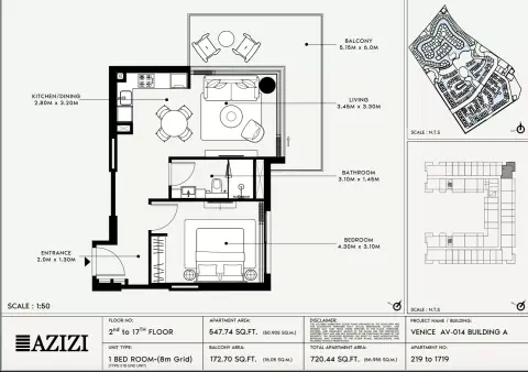 Azizi Venice 14: Floor plan Type 219-Building A, 720 sq ft