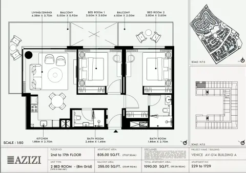 Azizi Venice 14: Floor plan Type 229-Building A, 1,090 sq ft