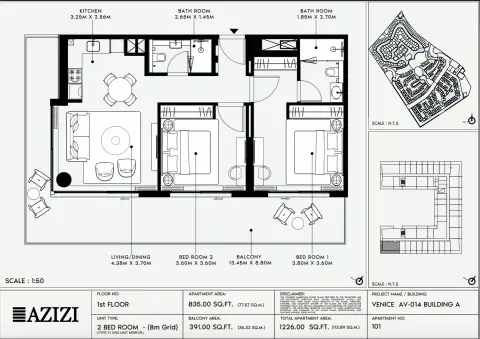 Azizi Venice 14: Floor plan Type 101-Building A, 1,226 sq ft