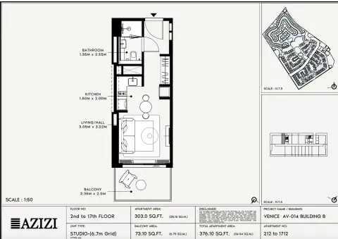 Azizi Venice 14: Floor plan Type 212-Building B, 376 sq ft