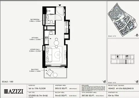 Azizi Venice 14: Floor plan Type 104-Building B, 357 sq ft