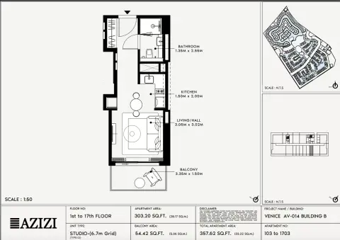 Azizi Venice 14: Floor plan Type 103-Building B, 357 sq ft
