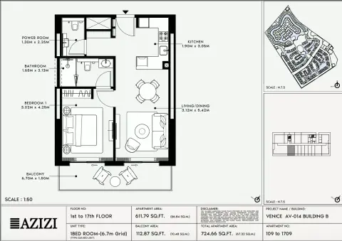 Azizi Venice 14: Floor plan Type 109-Building B, 724 sq ft