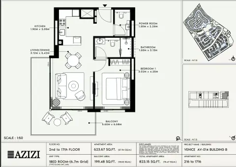 Azizi Venice 14: Floor plan Type 216-Building B, 823 sq ft