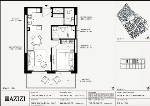 Azizi Venice 14: Floor plan Type 215-Building B, 758 sq ft