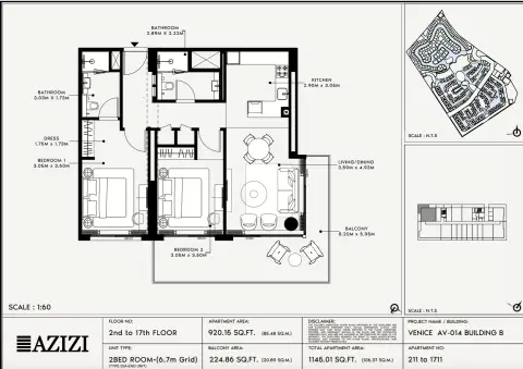 Azizi Venice 14: Floor plan Type 211-Building B, 1,145 sq ft