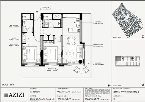 Azizi Venice 14: Floor plan Type 111-Building B, 1,308 sq ft