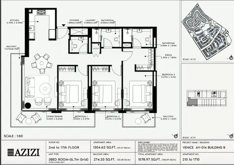 Azizi Venice 14: Floor plan Type 210-Building B, 1,578 sq ft