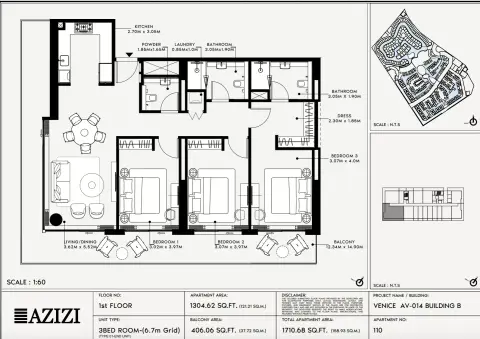 Azizi Venice 14: Floor plan Type 110-Building B, 1,710 sq ft