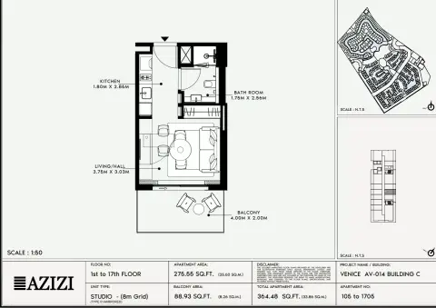 Azizi Venice 14: Floor plan Type 105-Building C, 364 sq ft