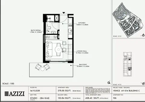 Azizi Venice 14: Floor plan Type 106-Building C, 408 sq ft