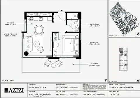 Azizi Venice 14: Floor plan Type 115-Building C, 735 sq ft