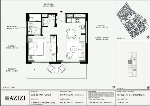 Azizi Venice 14: Floor plan Type 214-Building C, 724 sq ft