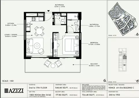 Azizi Venice 14: Floor plan Type 203-Building C, 724 sq ft
