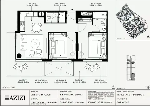 Azizi Venice 14: Floor plan Type 207-Building C, 1,090 sq ft