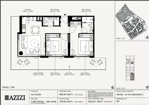 Azizi Venice 14: Floor plan Type 107-Building C, 1,226 sq ft