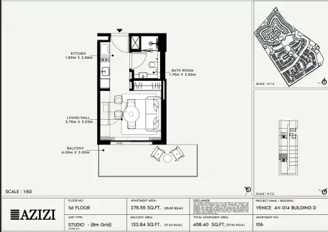 Azizi Venice 14: Floor plan Type 106-Building D, 408 sq ft
